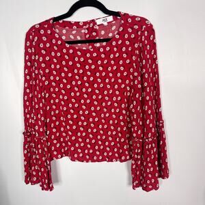 Jack By BB Dakota Small S Red Floral Bell Sleeve Button Back Blouse Top Cropped